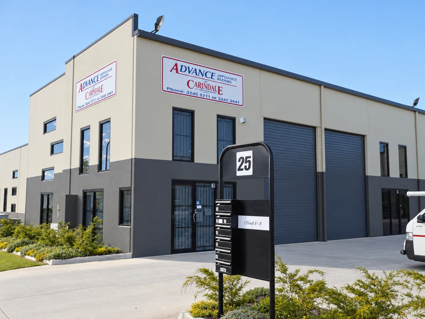 Advance Appliance Repairs’ workshop on the corner of Steel Street and Tombo Street